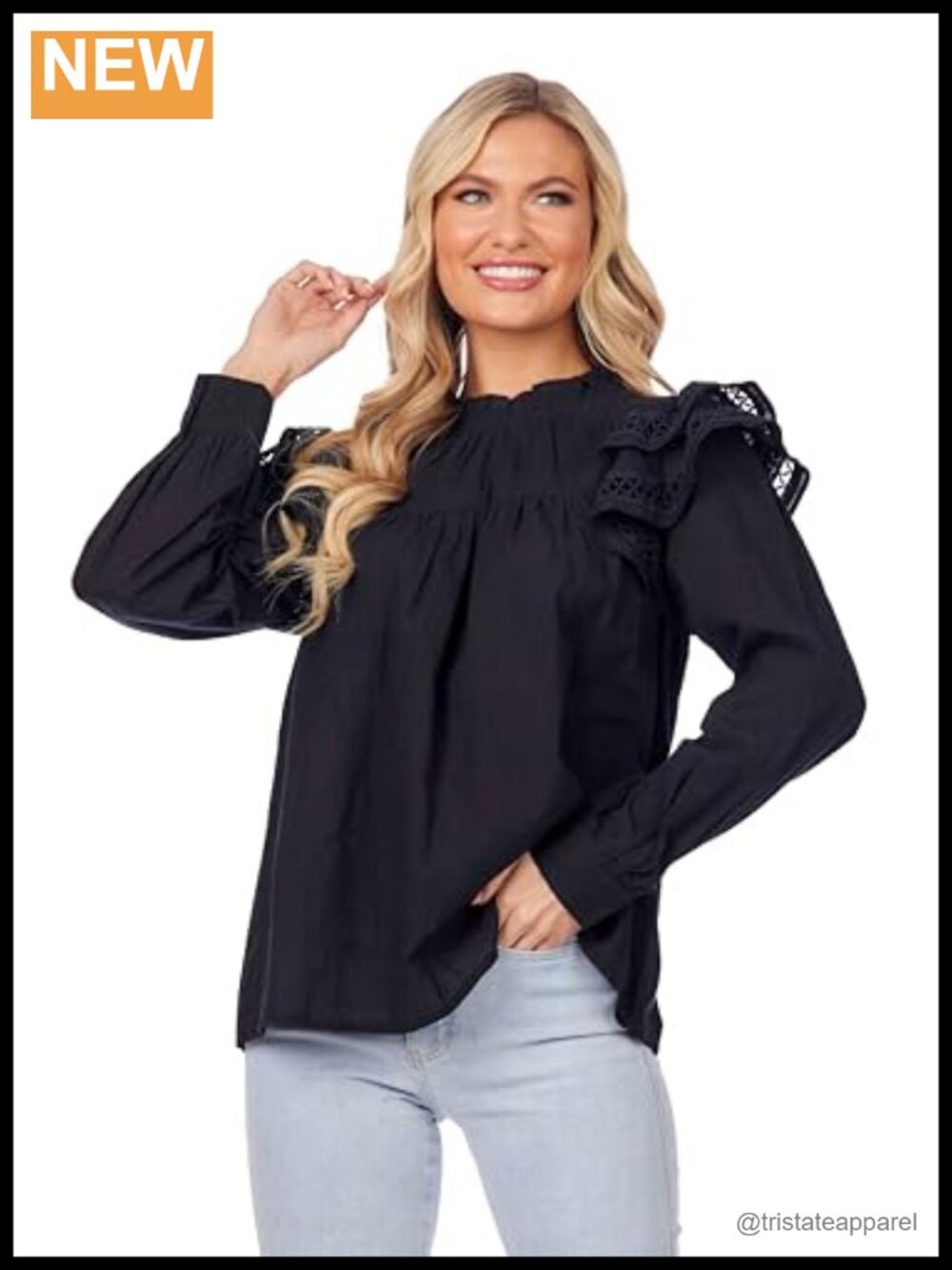 Womens Keller Ruffle Top Cotton Cambric Long Sleeve Peasant Blouse